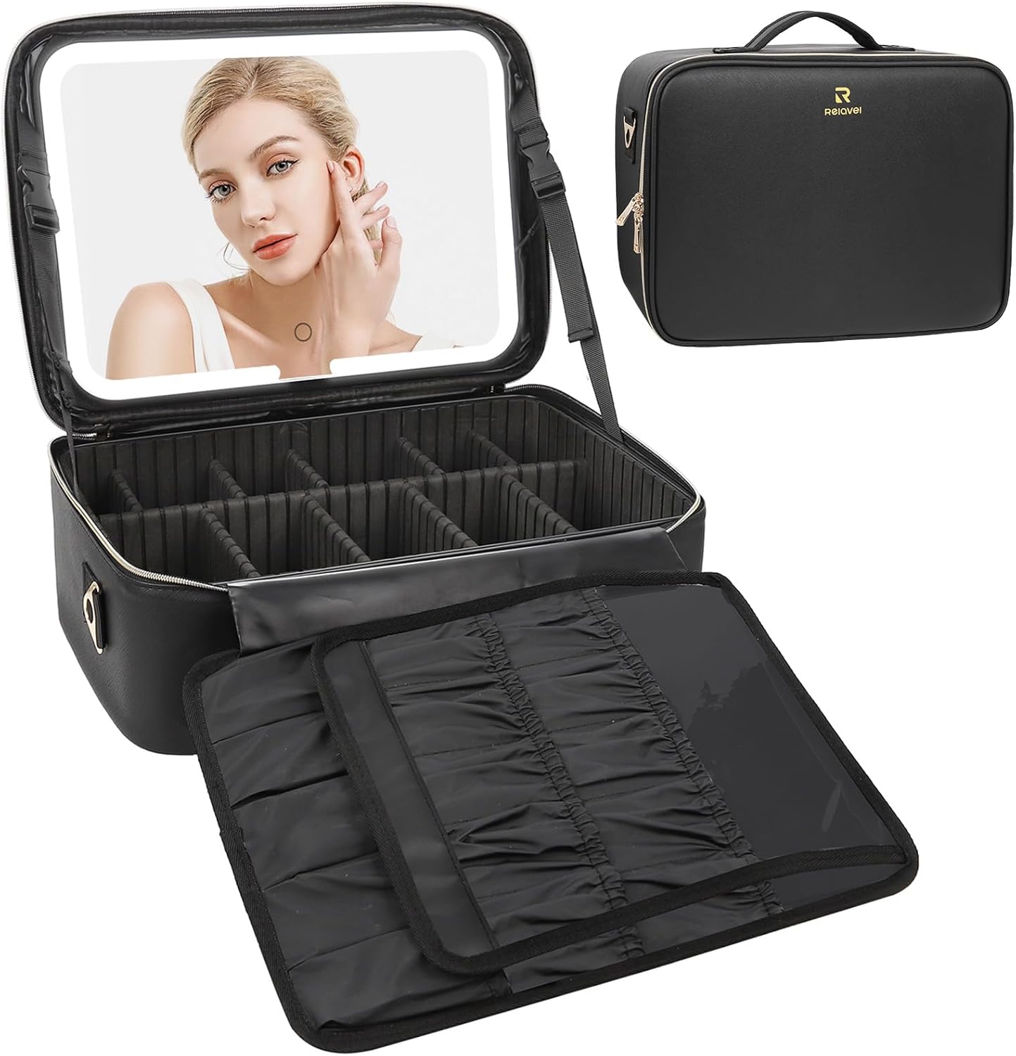 Relavel Makeup Case Large Makeup Bag Professional Train Case 16.5 inches Travel Cosmetic Organizer Brush Holder Waterproof Makeup Artist Storage Box, 3 Layer Large Capacity, with Adjustable Strap