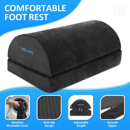 StepLively Foot Rest for Under Desk at Work, Comfortable Foot Stool with 2 Adjustable Heights, Footrest with Washable Cover, for Back & Hip Pain Relief, Suitable for Office, Home and Car (Black)