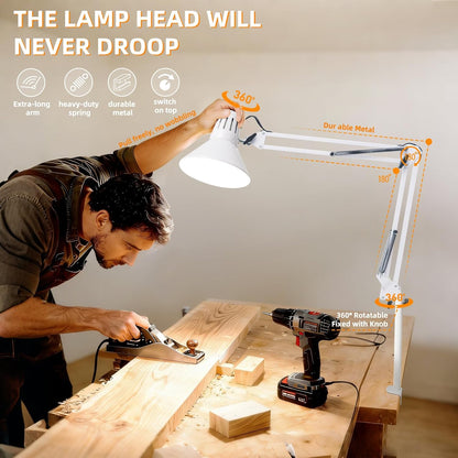 Desk Lamp With Clamp for Home Office, Eye-Caring Clip on Light with Adjustable Extra Tall Metal Swing Arm, High Intensity Clamp Lamp w/LED Bulb, Architect Task Table Lamps for Study, Workbench-B/5000k