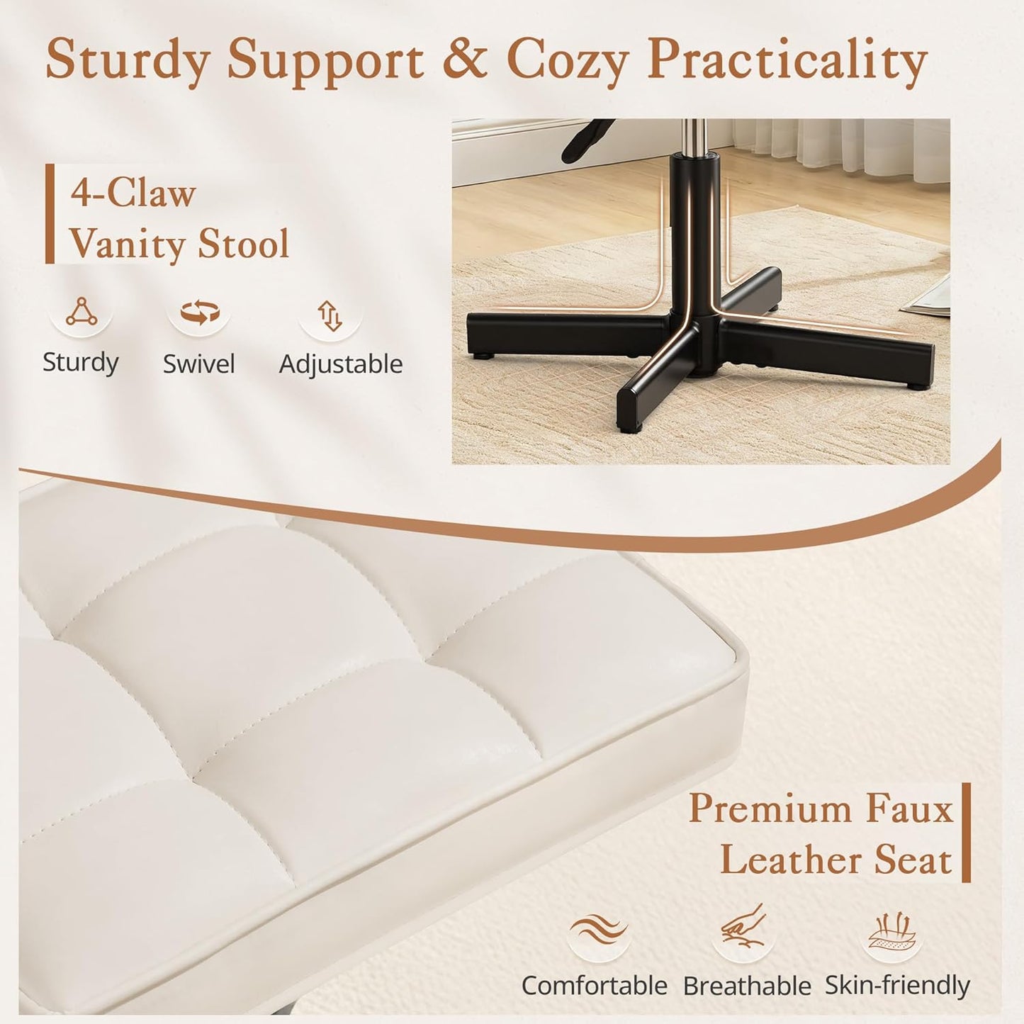 LUE BONA Adjustable Vanity Stool, Foot Rest Under Desk, 360° Swivel Vanity Chair for Makeup Room, Black Upholstered Faux Leather Ottoman for Bathroom & Living Room, 300lbs