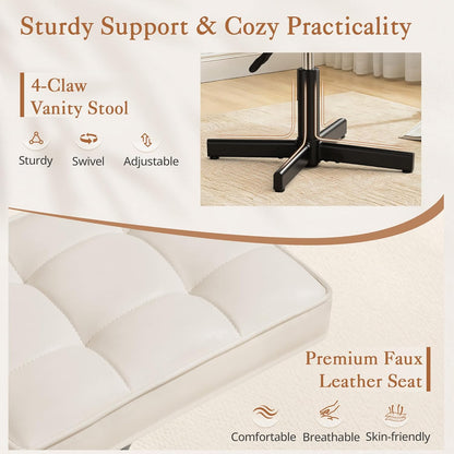 LUE BONA Adjustable Vanity Stool, Foot Rest Under Desk, 360° Swivel Vanity Chair for Makeup Room, Black Upholstered Faux Leather Ottoman for Bathroom & Living Room, 300lbs
