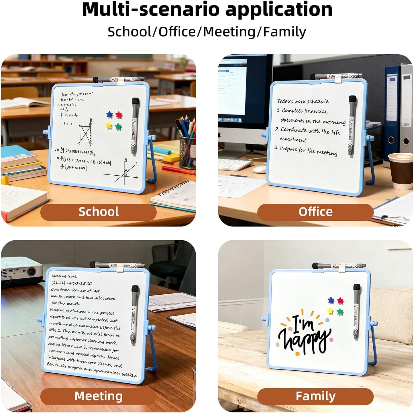 Colorful Dry Erase White Board 8.3x11in, Magnetic Desktop Board with Stand, 2 Markers (Eraser Head), 4 Magnets - Double-Sided Easel for Daily Planning, Memo, Office/Home/School (Blue)