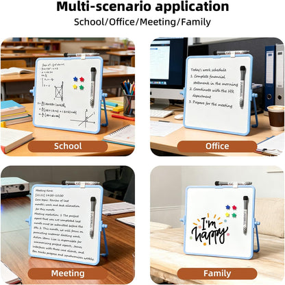 Colorful Dry Erase White Board 8.3x11in, Magnetic Desktop Board with Stand, 2 Markers (Eraser Head), 4 Magnets - Double-Sided Easel for Daily Planning, Memo, Office/Home/School (Blue)
