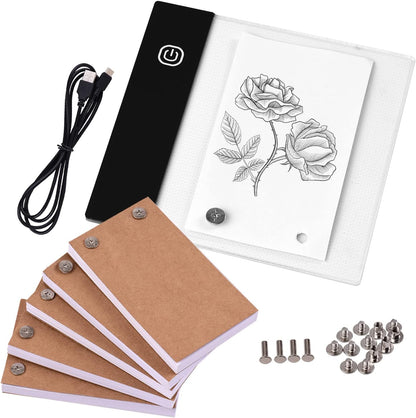 Flip Book Kit with Mini USB LED Light Pad – 300 Sheets Pre-Drilled Animation Paper & Adjustable Binding Screws – Drawing & Tracing Flip-Book Set for Kids, Teens & Hobby Animators