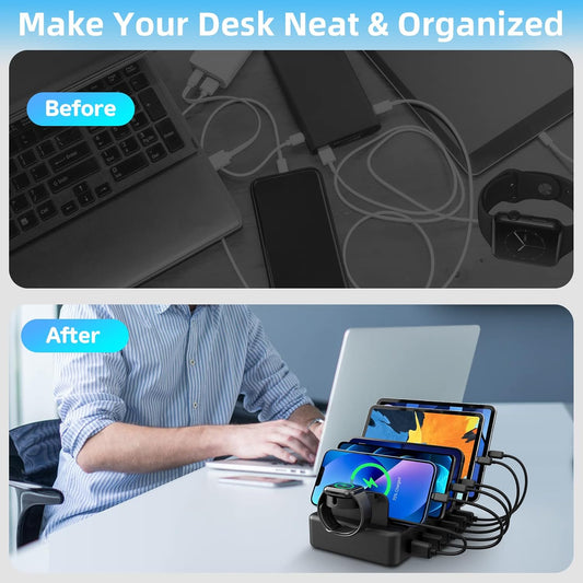 CREATIVE DESIGN Charging Station for Multiple Devices, 50W 6 Ports Charging Dock with 6 Cables Compatible with Cellphone,Tablet, Kindle, Apple Watch and Other Electronic