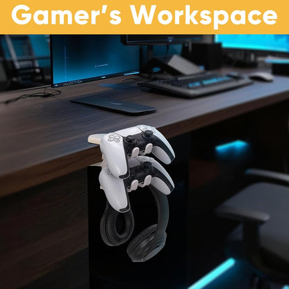 Under Desk Headphone Hanger with Strong Adhesive and Screws Mount, 360° Rotatable Dual Headset Holder Stand, Aluminum Metal Adjustable Headphone Hook, Perfect for Home Gaming & Office - Black