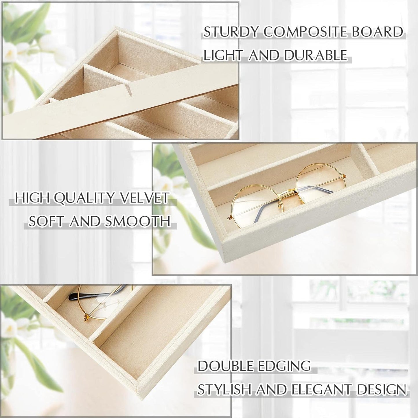 Amylove 4 Pcs Gray Sunglass Organizer Trays 4 Grids Velvet Glasses Holder Jewelry Display Organizer Eyeglasses Storage Box Drawer