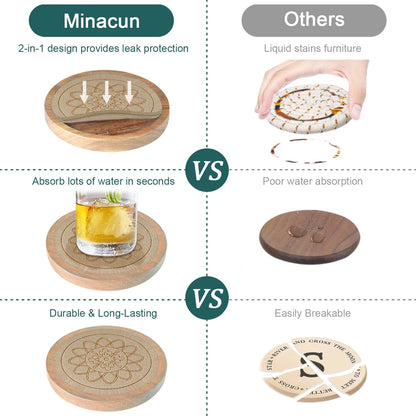 Wood Coasters for Drinks, Minacun Absorbent Coaster Sets of 5, Drinks Coasters for Coffee Tabletop Protection, Non-Slip, Non-Stick, Suitable for Kinds of Cups Wooden Table Drink, 4.3 Inches Black