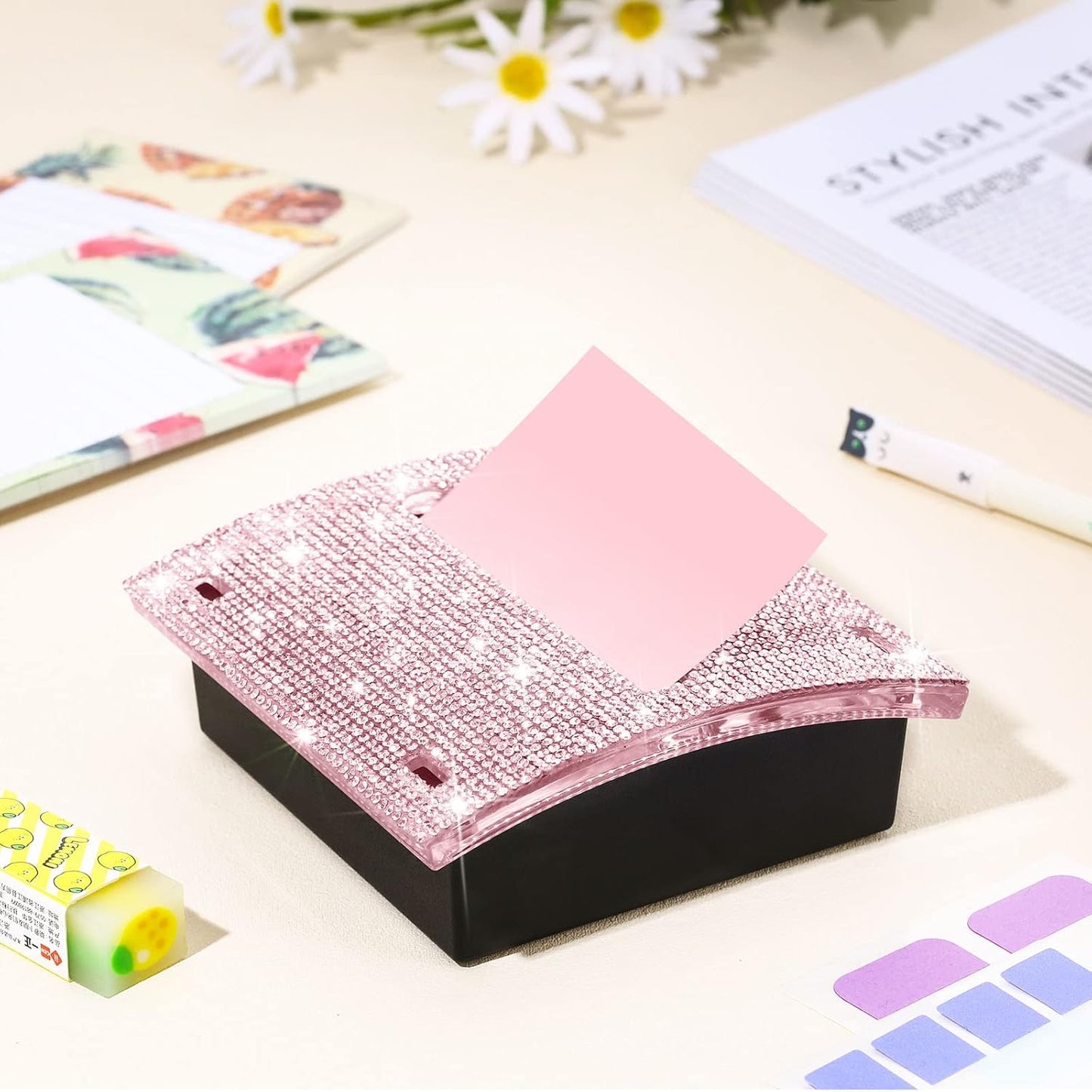 Eersida Rhinestone Self Stick Note Pad Holders 4 x 4 Inches Pink Cute Note Holder Sticky Dispenser Bling Memo Stick Dispenser for Office Employee Coworkers Gifts Home Desk Supplies