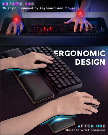 ASFSKY Keyboard and Mouse Wrist Rest Set for 60%-75% Compact Keyboards – Ergonomic Wooden Support Pad with PU Leather & Memory Foam, Anti-Slip Rubber Base for Gaming, Office & Typing Pain Relief