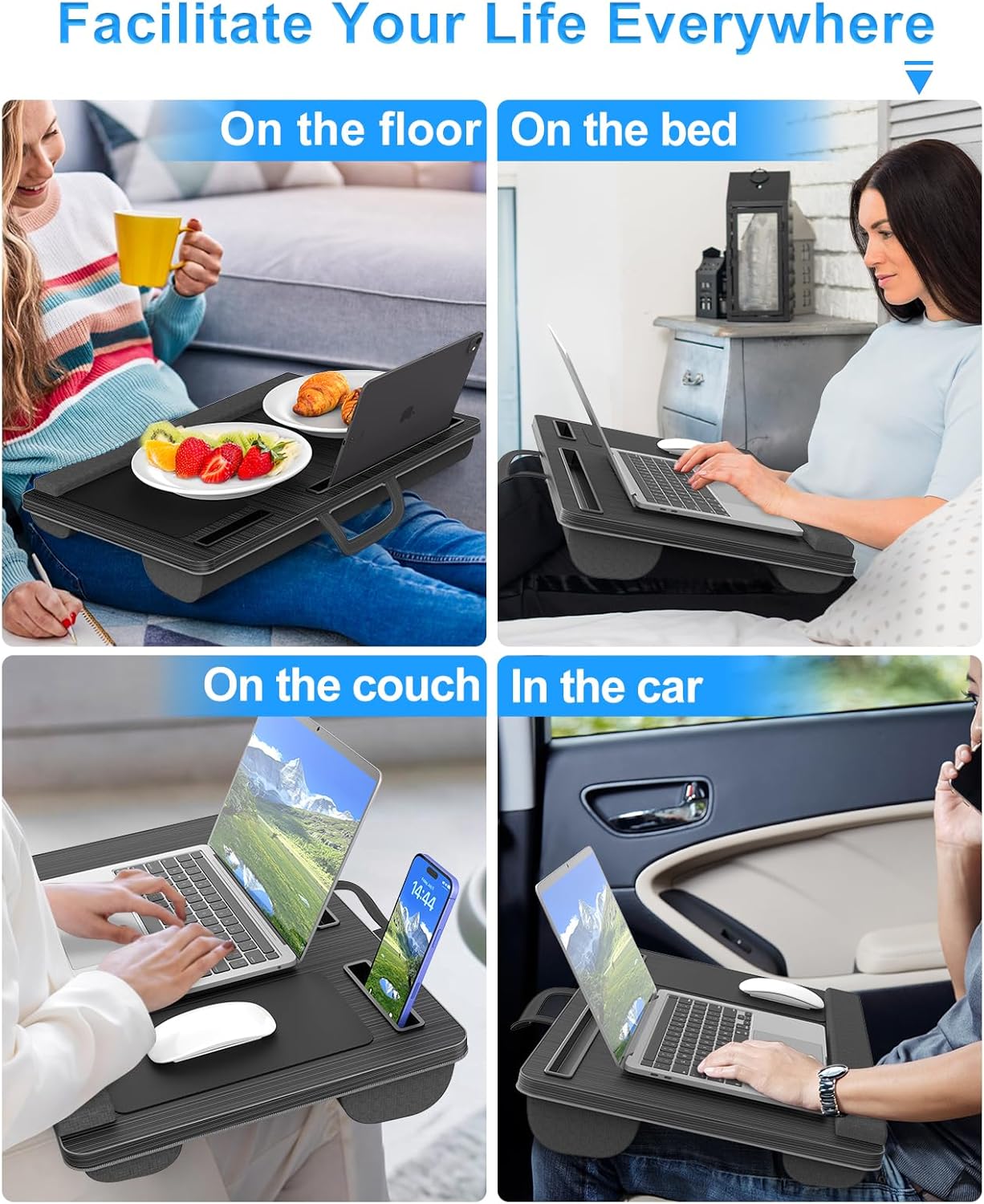 HETTHI Laptop Lap Desk, Portable Large Laptop Desk for Bed, Up to 17 Inch Lap Pad Tray with Wrist Rest, Mouse Pad, Tablet Phone Slot, Portable Handle, Cushion (Black)