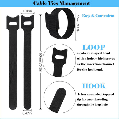 100PCS Hook and Loop Straps - 6 Inch Reusable Cable Ties for Cable Management, Adjustable Cord Organizer Hook & Loop Straps for Home, Office and Data Centers, Black