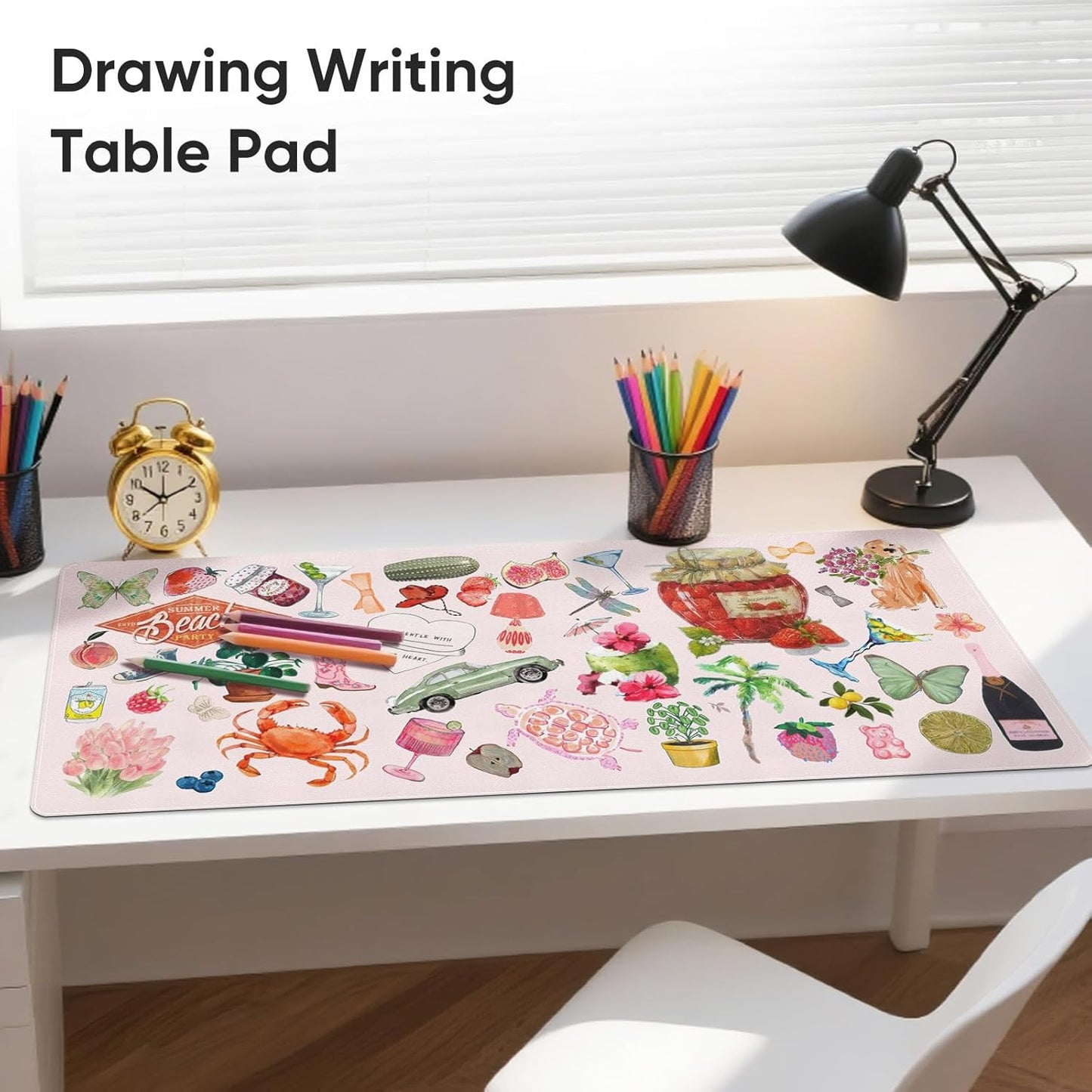 Pink Desk Mat, Leather Desk Pad Blotter Protector, XXL Large Mouse Pad,Computer Laptop Mouse Pads for Desktop,Waterproof Writing Anti-Slip Mousepad for Office and Home I Colorful Stickers