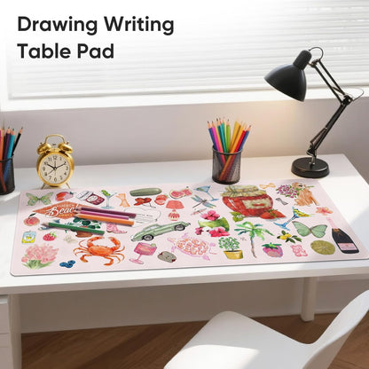 Pink Desk Mat, Leather Desk Pad Blotter Protector, XXL Large Mouse Pad,Computer Laptop Mouse Pads for Desktop,Waterproof Writing Anti-Slip Mousepad for Office and Home I Colorful Stickers