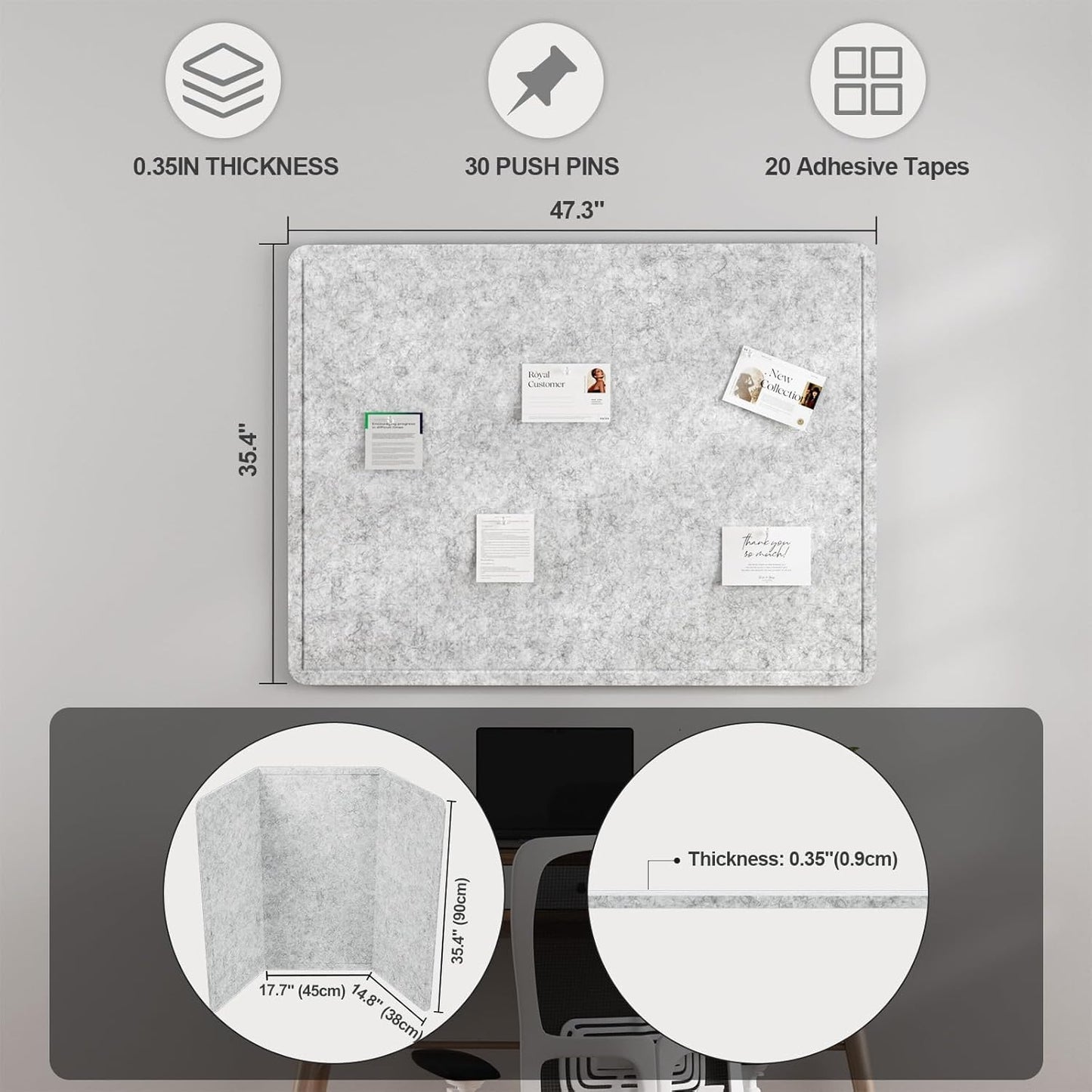 Large Felt Bulletin Board for Wall, 24"x18" Frameless Picture Board, Soft Felt Cork Board for Office, Home Planning & Office Wall Decor, Easy Install Pin Board