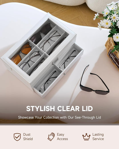 CO-Z Sunglasses Organizer with 12 Slots, Multiple Eyeglasses Eyewear Display Case for Women Men, 2 Story Leather Multi Sunglasses Jewelry Collection Holder with Drawer