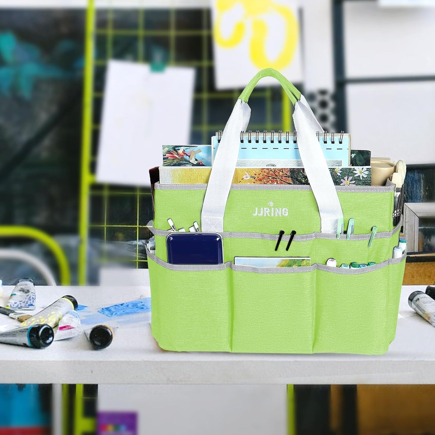 JJRING Craft Organizer Tote Bag for Art Storage, Caddy with Multiple Pockets, Bluish Green Sewing Bag for Scrapbooking, School, Medical, and Office Supplies