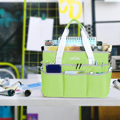 JJRING Craft Organizer Tote Bag for Art Storage, Caddy with Multiple Pockets, Bluish Green Sewing Bag for Scrapbooking, School, Medical, and Office Supplies
