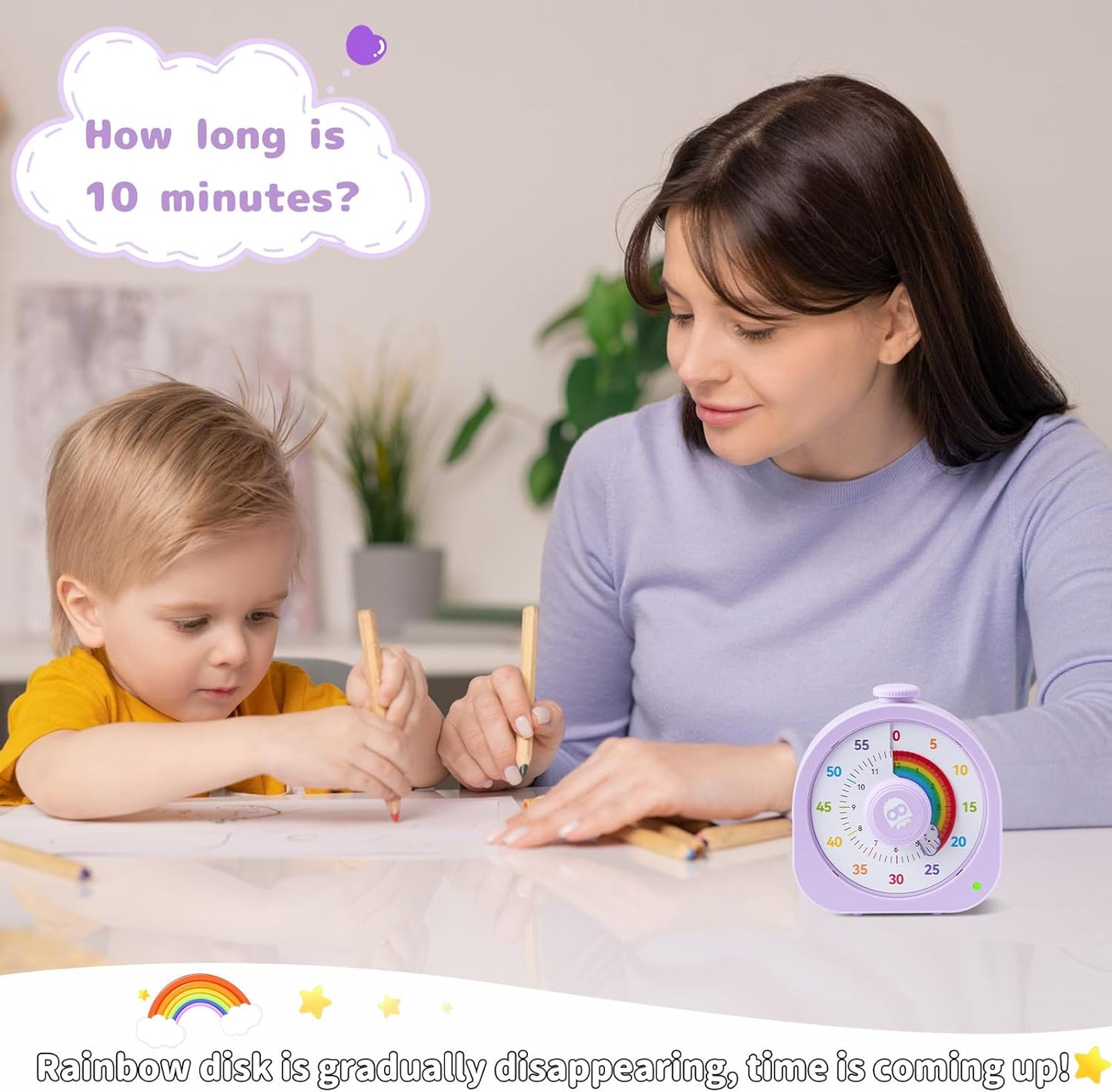 Visual Timer for Kids and Adults 60 Min/12 Hour Rechargeable Countdown Timer with Magnetic Sticker and Mute Function Kids Pomodoro Timers for Classroom Office Kitchen Silent Operation & Rainbow Disk