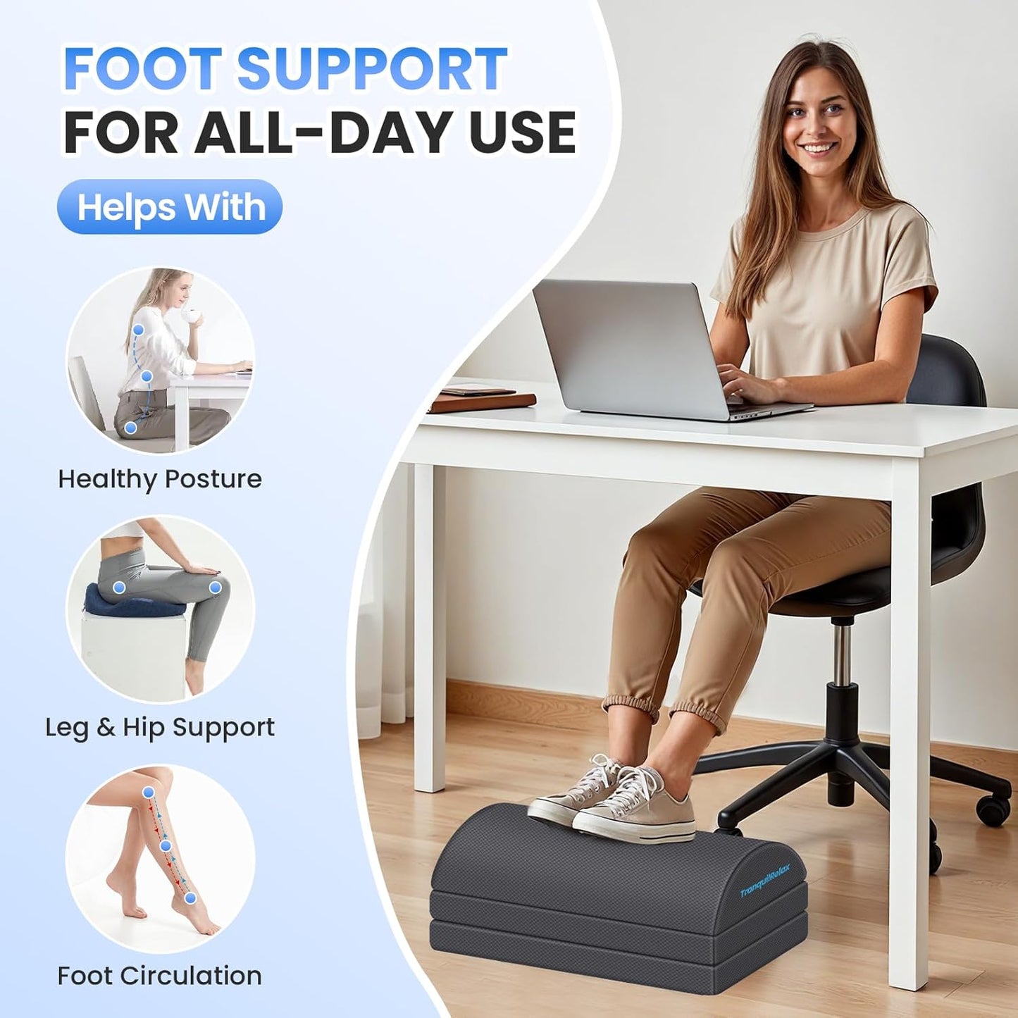 TranquilRelax Foot Rest for Under Desk at Work, Gaming Accessories Foot Stool with 3 Adjustable Heights & Washable Cover, Comfortable Office Desk Accessories, Footrest for Office, Home and Car (Black)