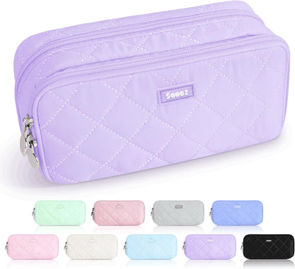 Sooez Large Pencil Case Pouch, Extra Big Pencil Bag with 8 Compartments, Pen Bag Wide Opening, Soft Quilted Pencil Pouch Organizer with Zipper, Portable Pencil Case for Teen Girls, Pink