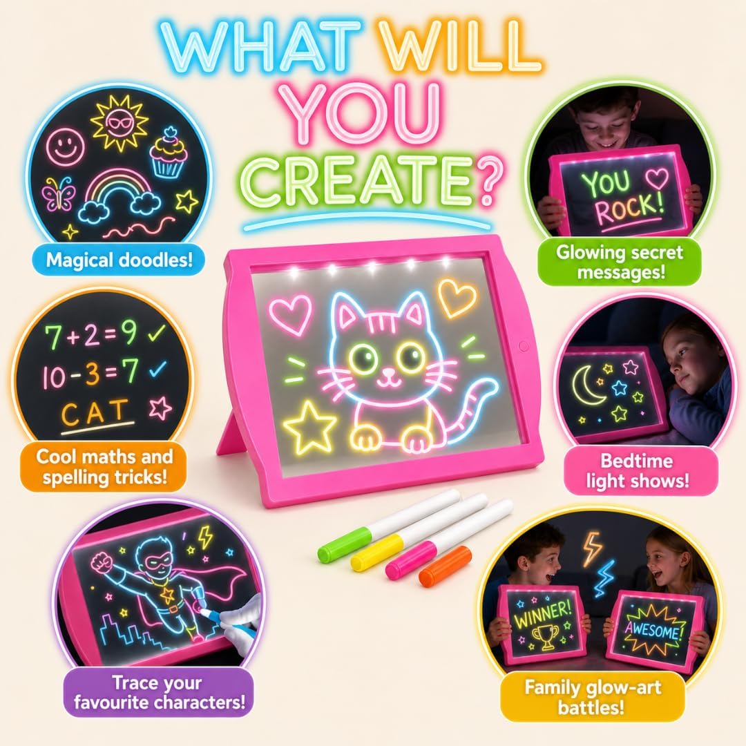 Marvin's Magic Glow Art Neon LED Drawing Board for Kids - Pink Doodle Board with Glow in the Dark Markers - Light Up Tracing Pad and Drawing Tablet - Mess Free Arts and Crafts Set Ages 5+