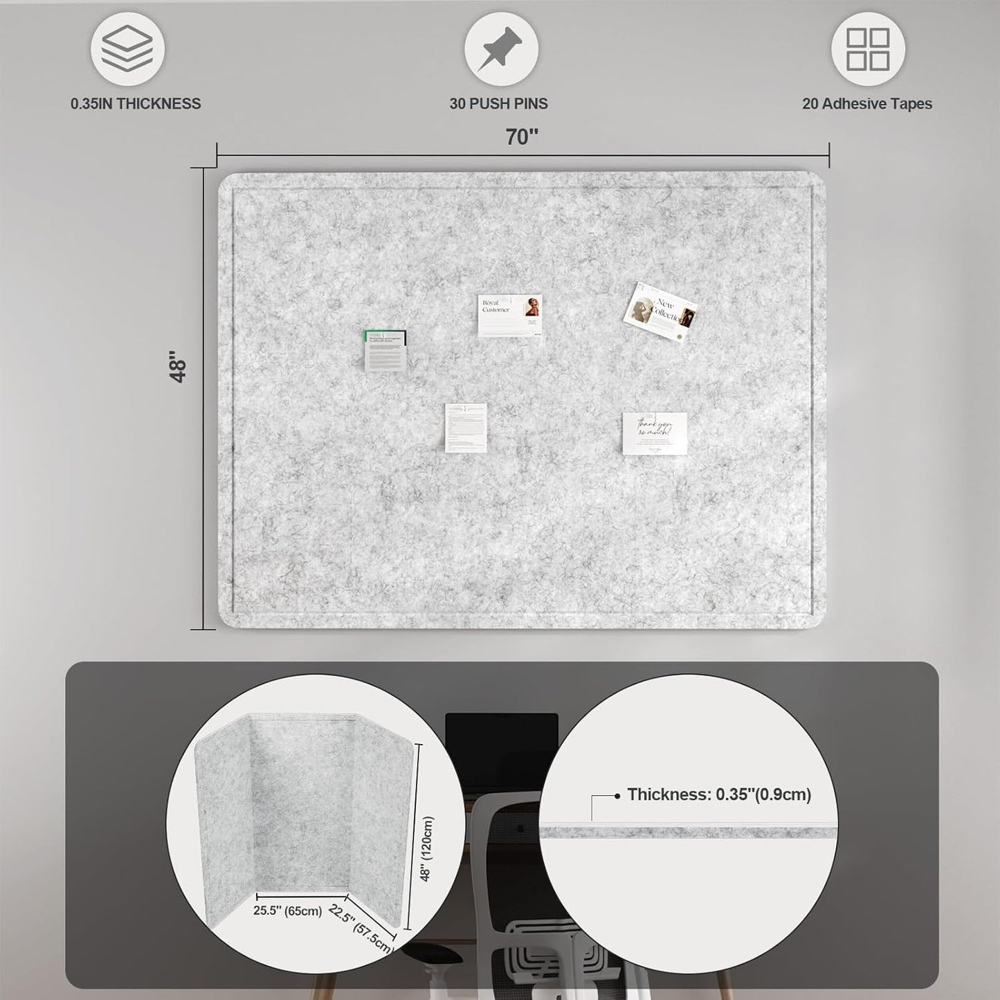 Large Felt Bulletin Board for Wall, 24"x18" Frameless Picture Board, Soft Felt Cork Board for Office, Home Planning & Office Wall Decor, Easy Install Pin Board
