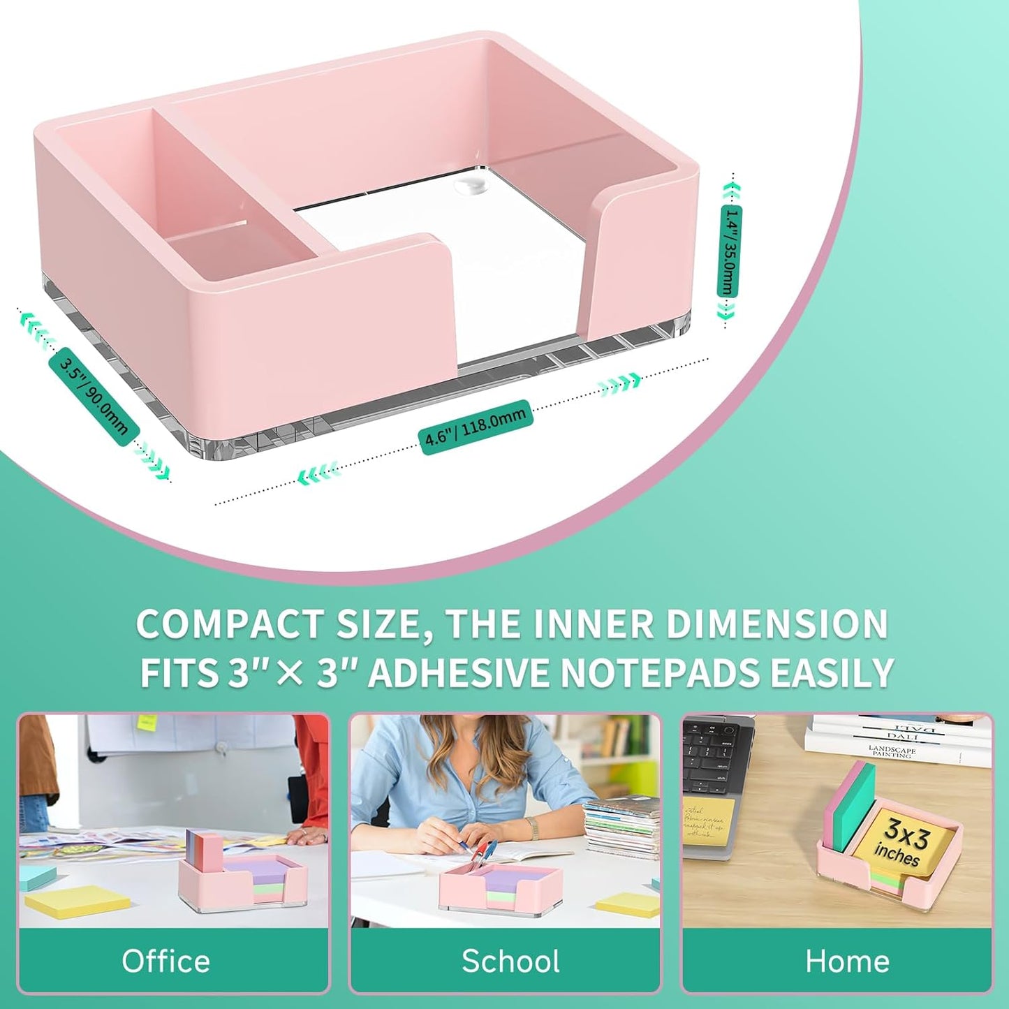 Sticky Note Holder, Glitter Pink Acrylic Notepad Holder 3x3 in Self-Stick Note Dispenser Office Desk Accessories, Memo Pad Holder Organizer for Classroom School Supplies