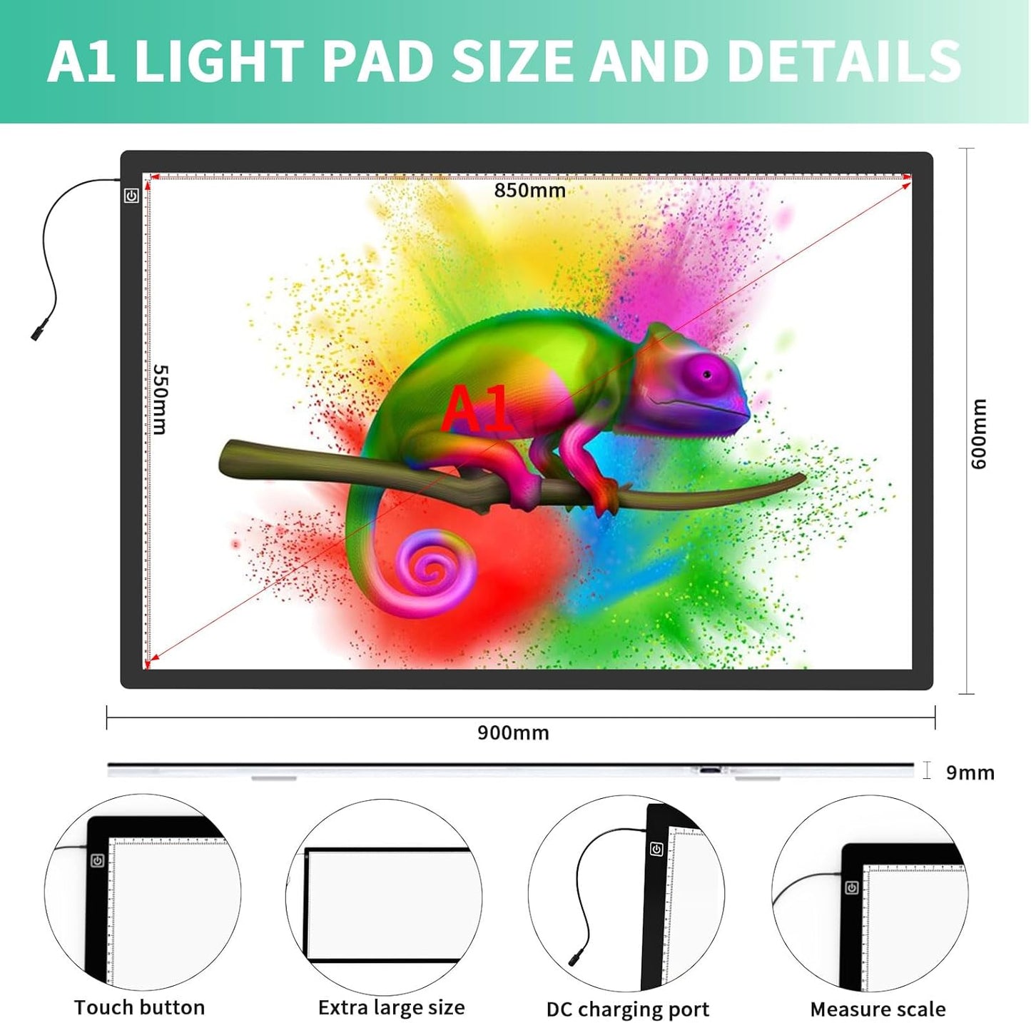 YINGWOND A1 Large LED Light Board for Diamond Painting, Tracing Copy Pad with Scale Eye Protection, Dimmable Brightness A1 Light Box for 5D Diamond Painting, Sketching, Animation