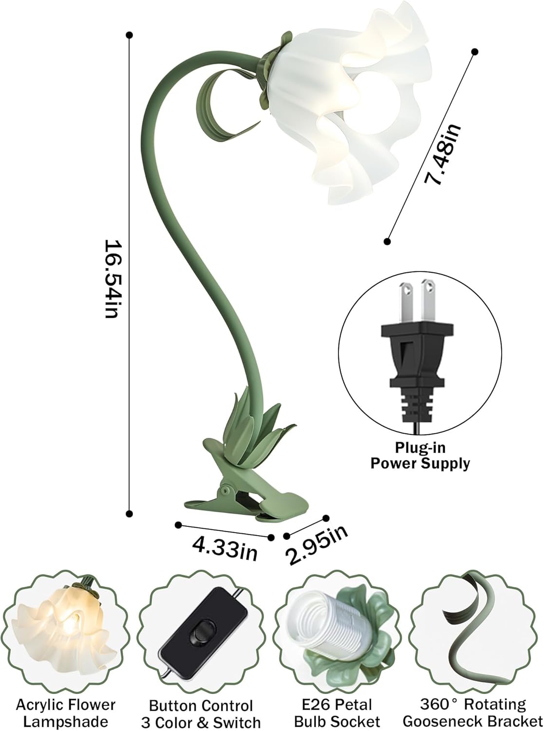 Clip on Light Flower Desk Lamp, LED Reading Light 3 Color Modes Eye-Caring Book Light Flexible Gooseneck Bedside Clip on Lamp for Desk Piano Office Bed Headboard Dorm (Green Lamp)