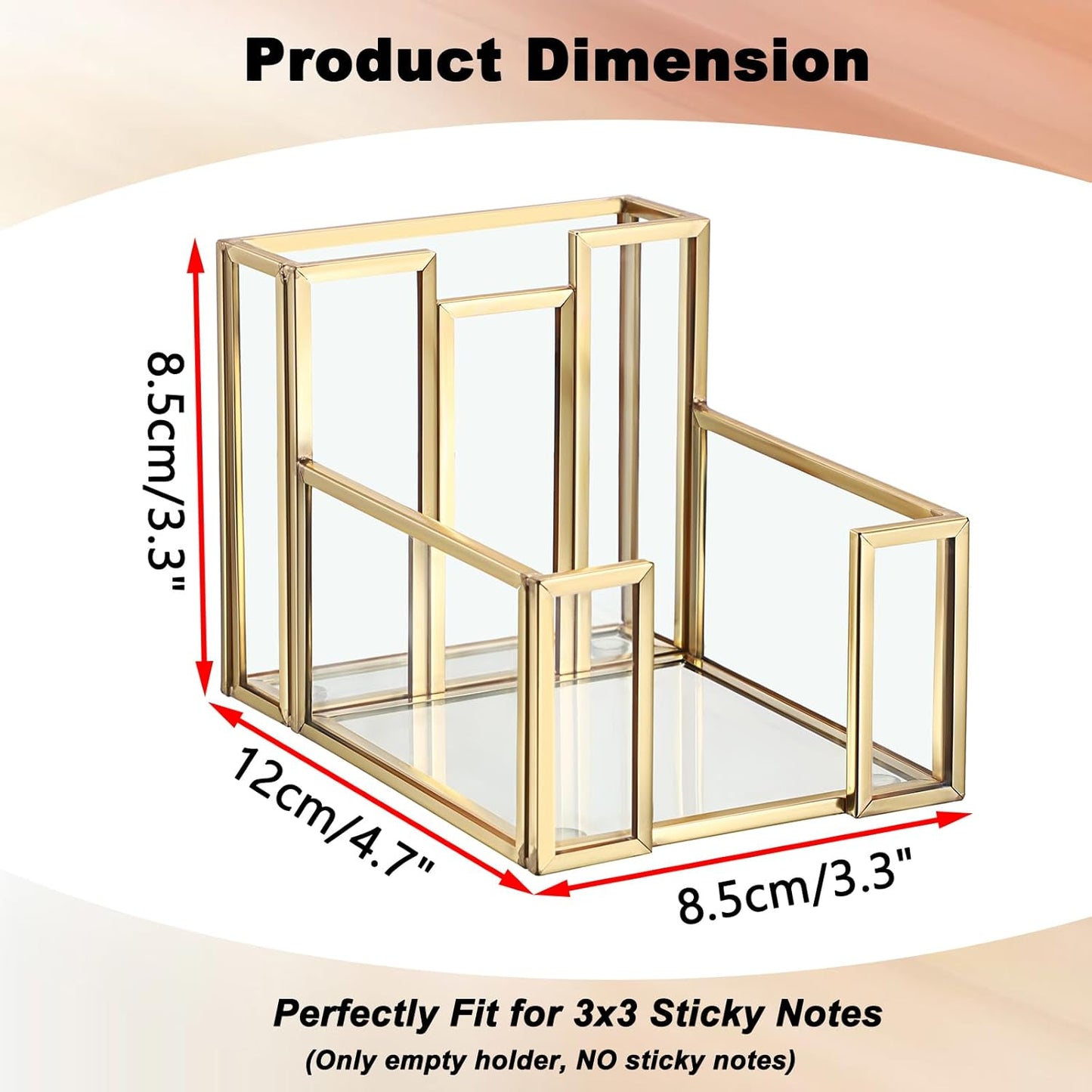 BTSKY Golden Glass Sticky Note Holder for 3x3 Inch Sticky Notes, Elegant Post It Note Dispenser with Non-Slip Pads Clear Notepad Holder for Desk Organization Planning, Home Office Decor