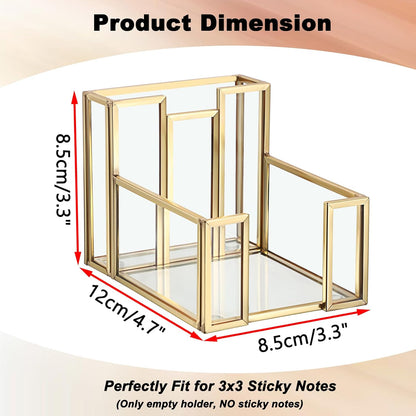 BTSKY Golden Glass Sticky Note Holder for 3x3 Inch Sticky Notes, Elegant Post It Note Dispenser with Non-Slip Pads Clear Notepad Holder for Desk Organization Planning, Home Office Decor