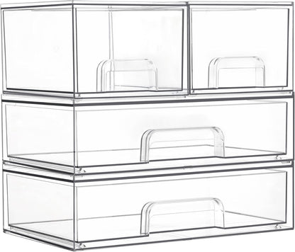Vtopmart Stackable Storage Drawers Set of 3,Clear Plastic Organizer Bins for Makeup, Cosmetics, Beauty Supplies,Ideal for Vanity, Bathroom,Cabinet,Pantry Organization