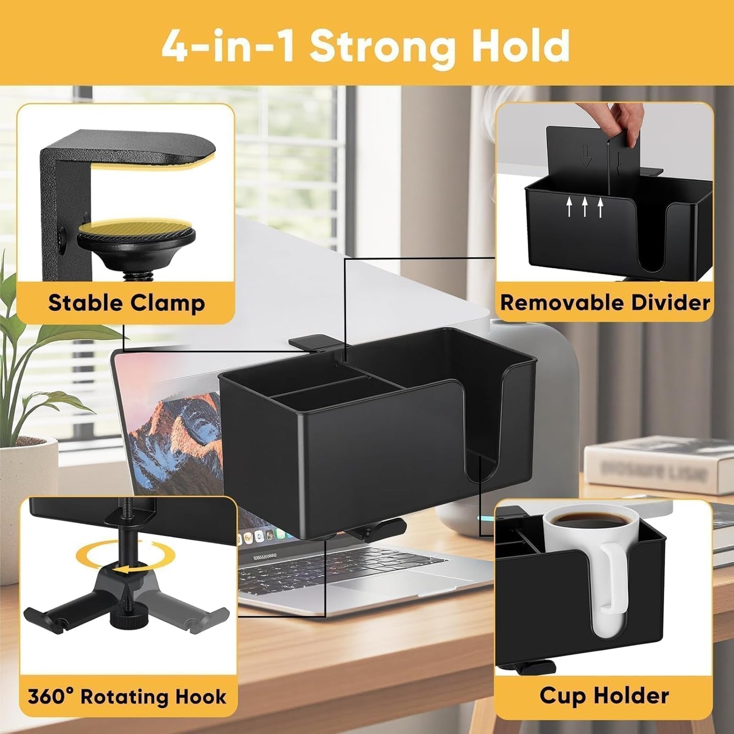 4-in-1 Clip On Desk Cup Holder, Fits up to 40oz cups - Mountable Holder with Adjustable Divider & 360° Rotating Hook - No Spill Clamp On Drink Holder Attachment - for Desk Chair Table Bed Tray - Black