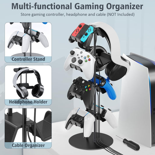 Kytok Controller Stand 4 Tiers with Cable Organizer for Desk, Universal Headphone Stand Compatible with Xbox PS5 PS4 Console Nintendo Switch, Headset Holder & Desk Mounts for 8 Packs Controller
