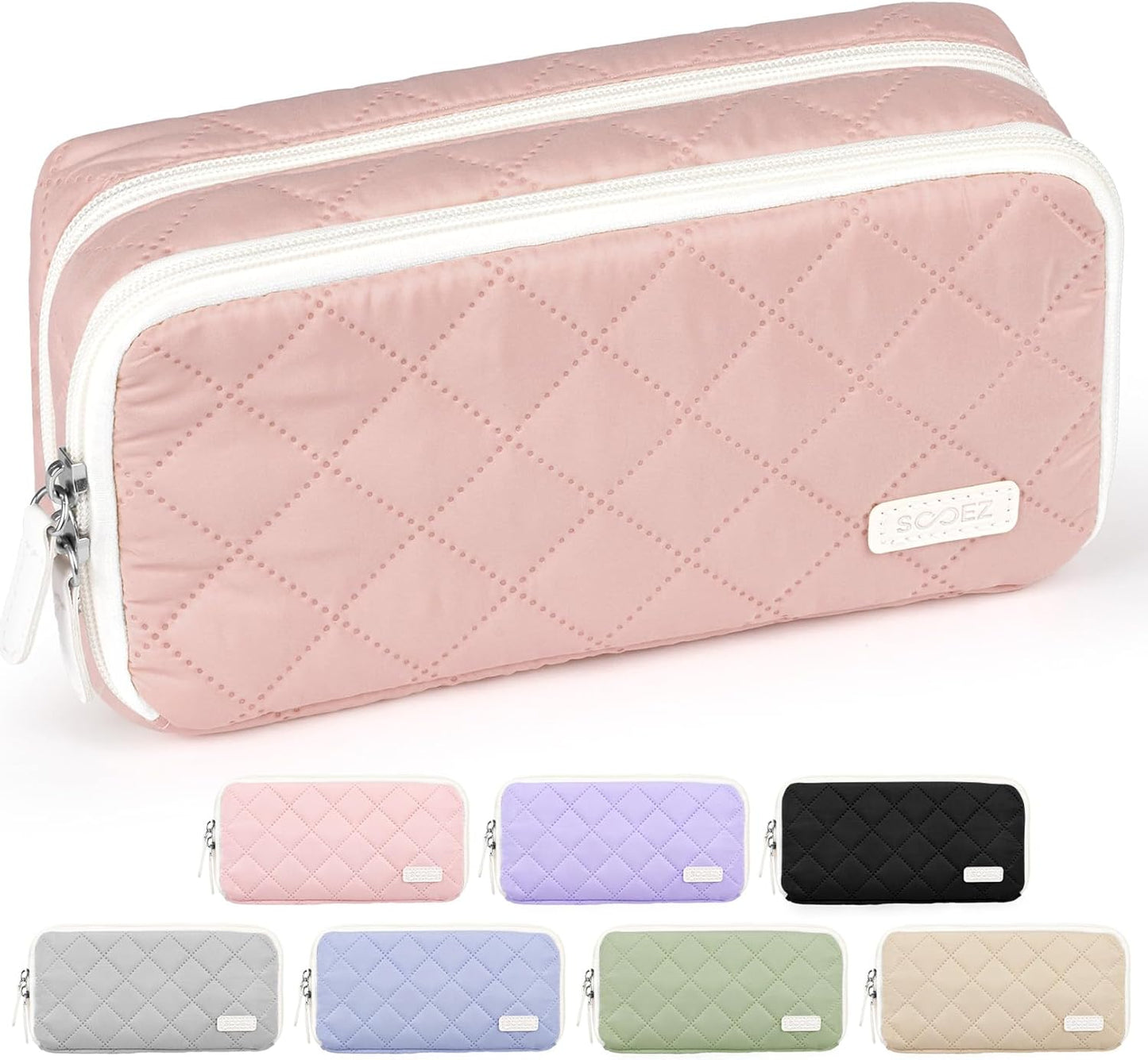 Sooez Large Pencil Case Pouch, Extra Big Pencil Bag with 8 Compartments, Pen Bag Wide Opening, Soft Quilted Pencil Pouch Organizer with Zipper, Portable Pencil Case for Teen Girls, Pink