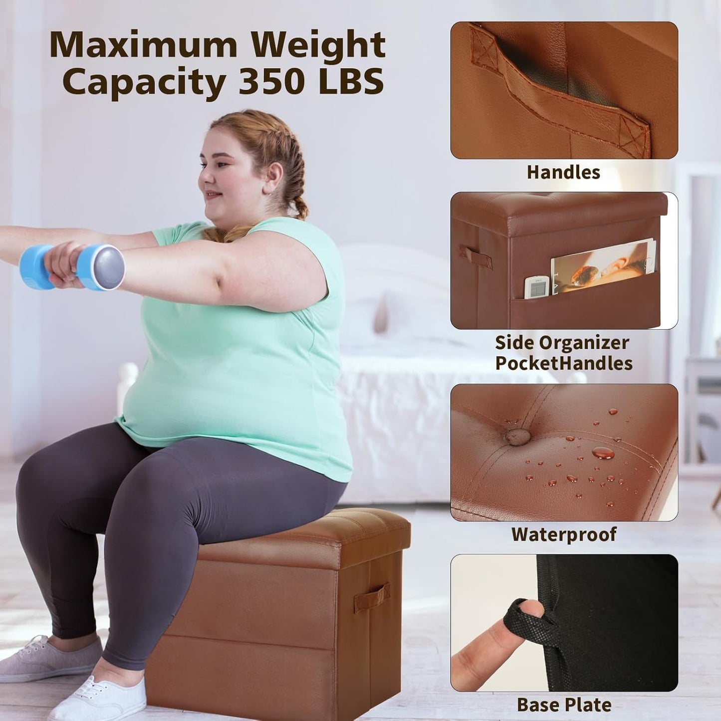 BelugaHelper Storage Ottoman Foot Rest Stool, Foldable Leather Footstool Storage Bench with Thicker Foam Padded Seat. Foot Rest Under Desk for Living Room Bedroom 350 lbs, 17x13x13 in, Brown