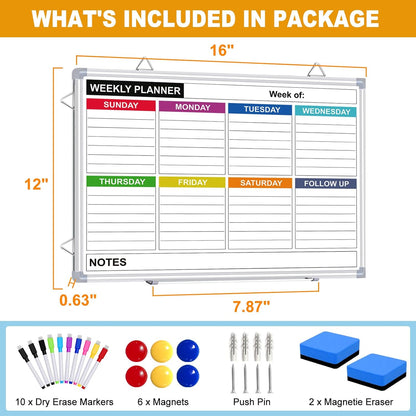 Weekly Planner Whiteboard, Weekly Dry Erase Board for Wall 16" x 12", Double-Sided Weekly Calendar Whiteboard with Pen Tray & Hook, Hanging Writing Schedule Board for Home, School, Office