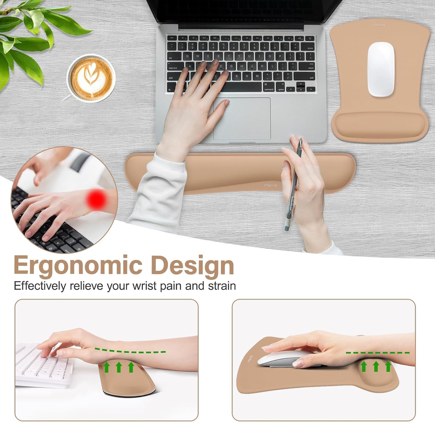 MOSISO Wrist Rest Support for Mouse Pad & Keyboard Set, Ergonomic Mousepad Non-Slip Base Home/Office Pain Relief & Easy Typing Cushion with Neoprene Cloth & Raised Memory Foam, Black