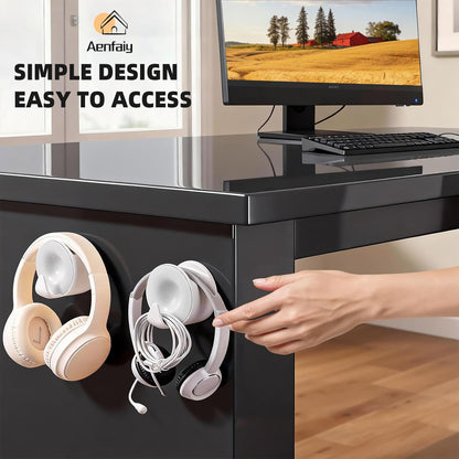Headphone Holder Wall Mounted, Under Desk Adhesive Headphone Hook, White Gaming Headset Stand Hanger for Desk with Cable Hook, Fits Slim On-Ear & Over-Ear Headphones| Headband Width Up to 30mm