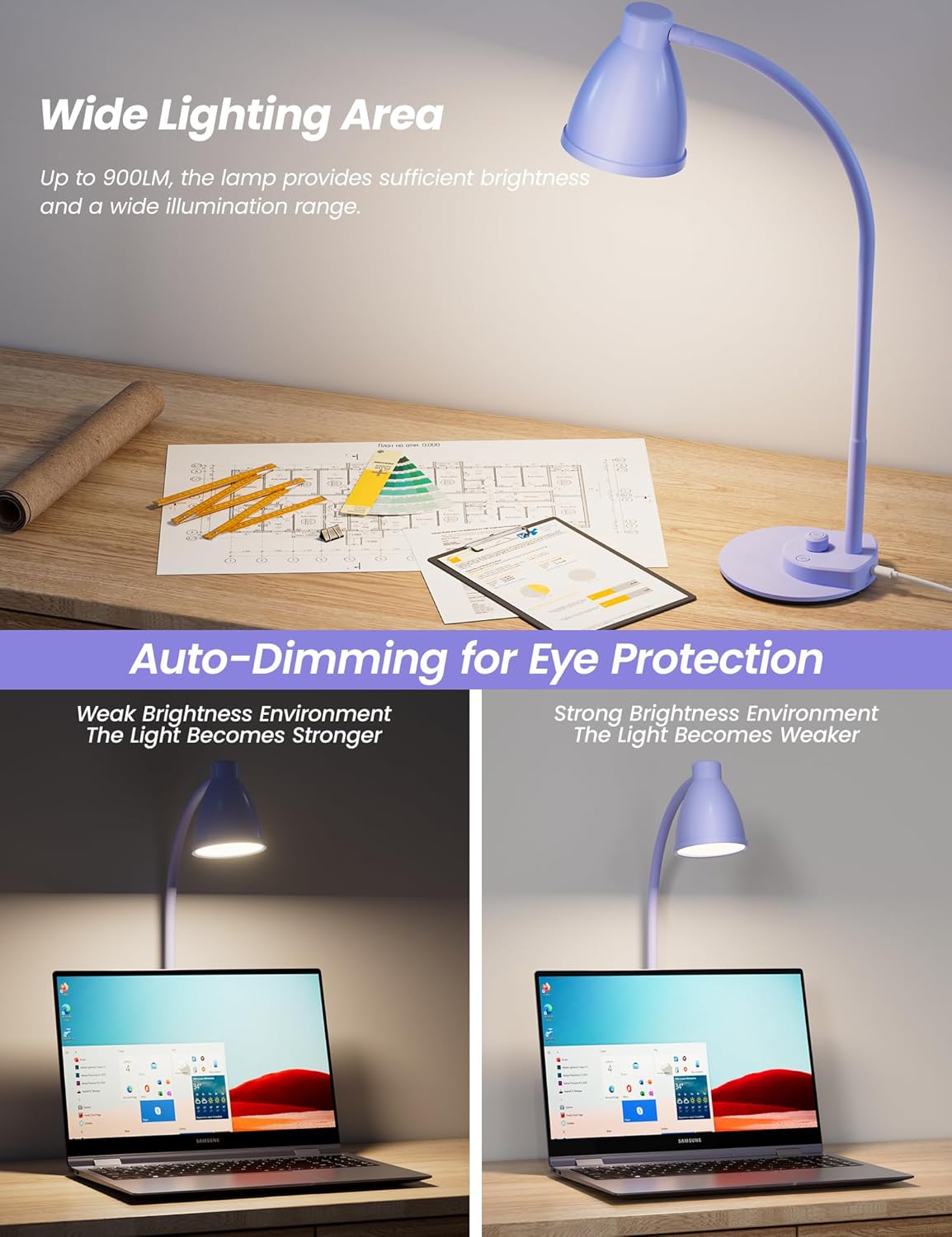 BOHON LED Desk Lamp with USB Charging Port, 3 Color Modes Dimmable Reading Lamp, Auto Dimming Task Lamp, Flexible Neck Table Light for Dorm Bedside, Adapter Include, White