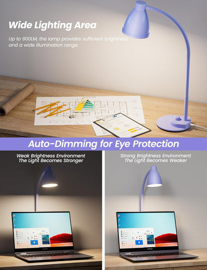 BOHON LED Desk Lamp with USB Charging Port, 3 Color Modes Dimmable Reading Lamp, Auto Dimming Task Lamp, Flexible Neck Table Light for Dorm Bedside, Adapter Include, White
