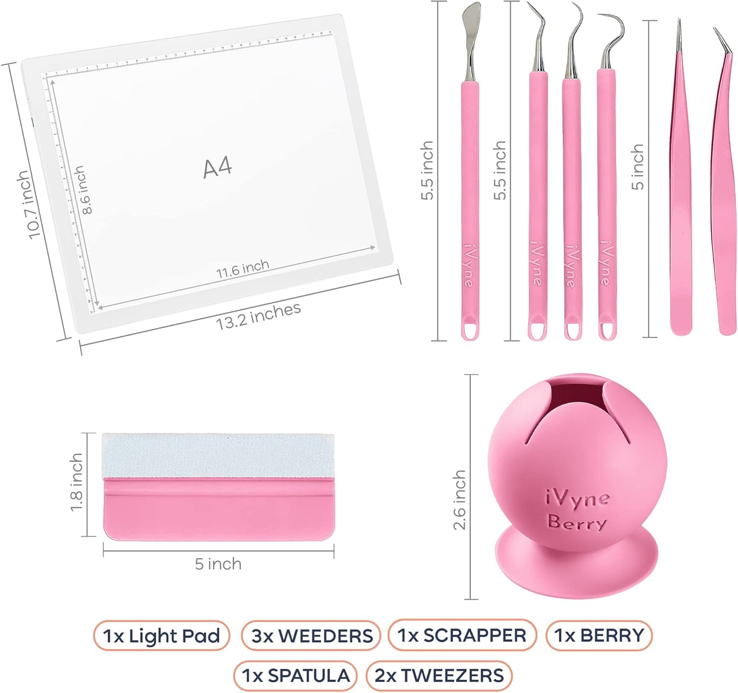 iVyne Complete Set Rechargeable A4 Light Pad, Weeding Tools for Vinyl, Scrap Collector for Cricut and Silhouette Machines for Every Tracing, Drawing Projects (Green)