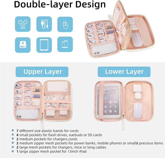 Electronics Organizer Travel Case, Charger Bag Cord Organizer Travel, Compact Tech Pouch Cable Organizer Bag for Charger, Cords, Phone, Headphones, Flash Drive, SD Card (Pink, Small-Double Layer)