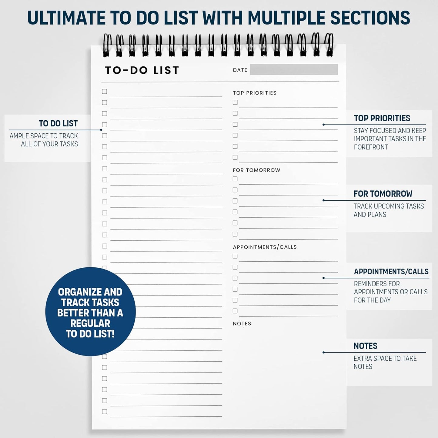 To Do List Notepad: With Multiple Functional Sections - Large Size 8.5x11" 52 Sheets - Tear Off Daily Planner Notebook - Task CheckList Organizer Agenda Pad for Work - Note, Plans, Goals, Grocery, and