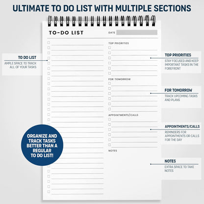 To Do List Notepad: With Multiple Functional Sections - Large Size 8.5x11" 52 Sheets - Tear Off Daily Planner Notebook - Task CheckList Organizer Agenda Pad for Work - Note, Plans, Goals, Grocery, and