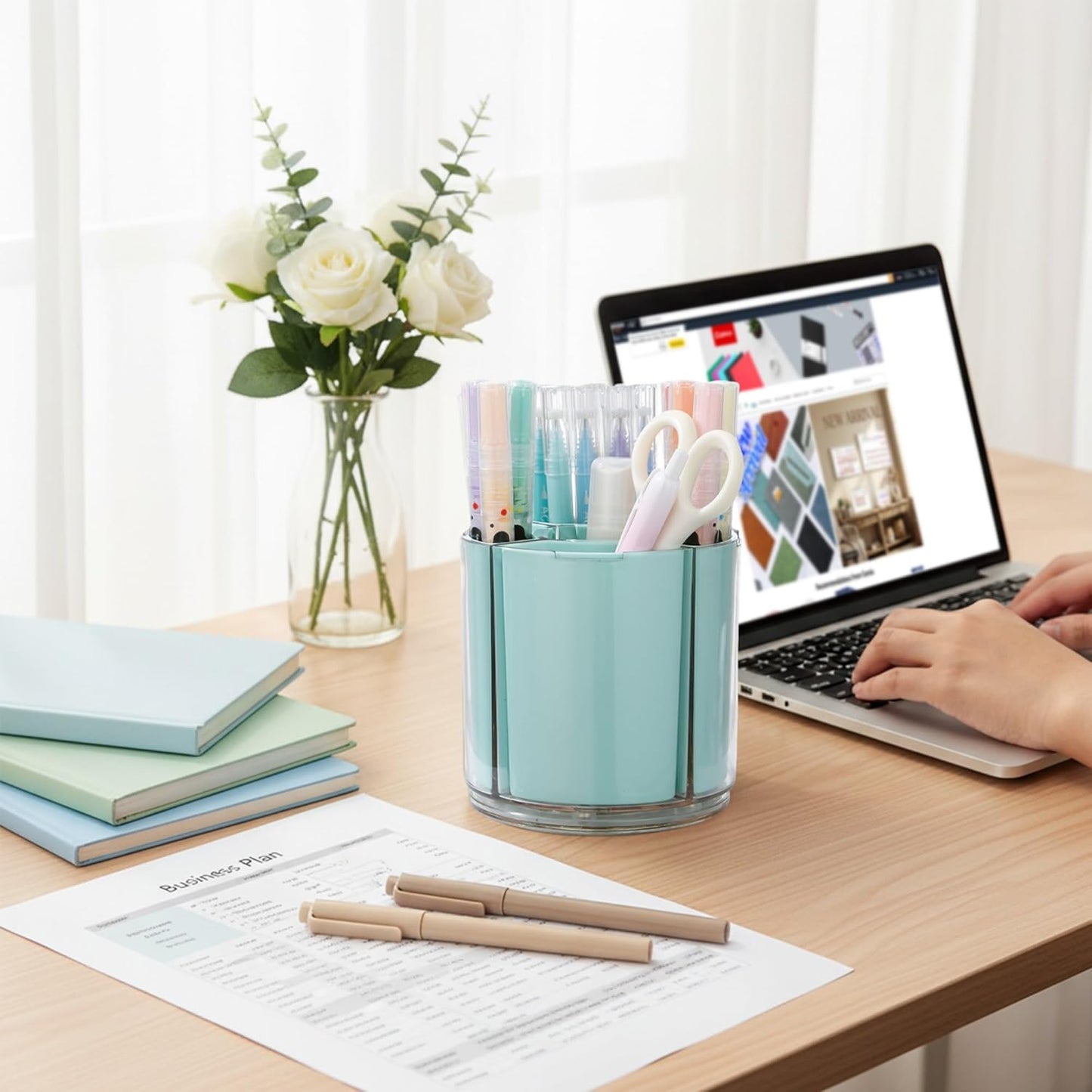 Comix 360° Rotating Pen Holder for Desk, Cute Pencil Holder Pen Organizer, Green Acrylic Pencil Cup Caddy with 5 Slots for Home School Office Supplies