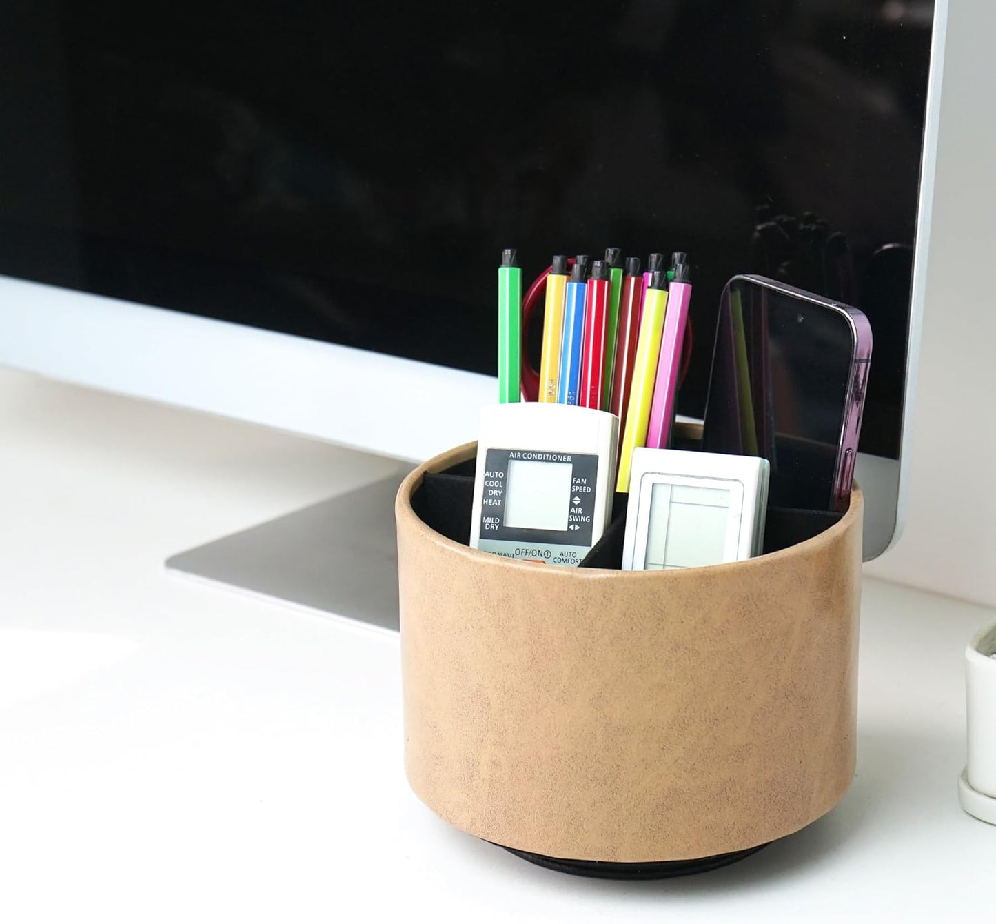 Round Leather Art Supply Organizer,Remote Control Holder,360 Degree Rotating,Multi-Functional Pencil Holder,4 Compartments Desktop Stationary Organizer(1-Fractal Flower) | Round - Colors B