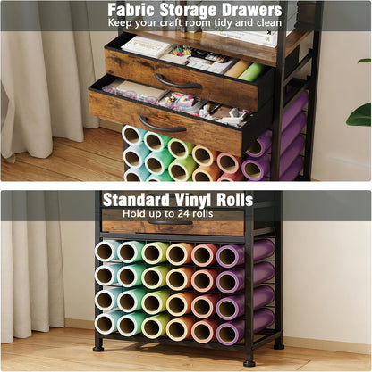 VENNQD Stand Compatible with Cricut Maker and Cricut Explore Air Series Craft Organizers and Storage with 2 Fabric Drawer and Shelves Crafting Table with Vinyl Roll Holder Workstation, White