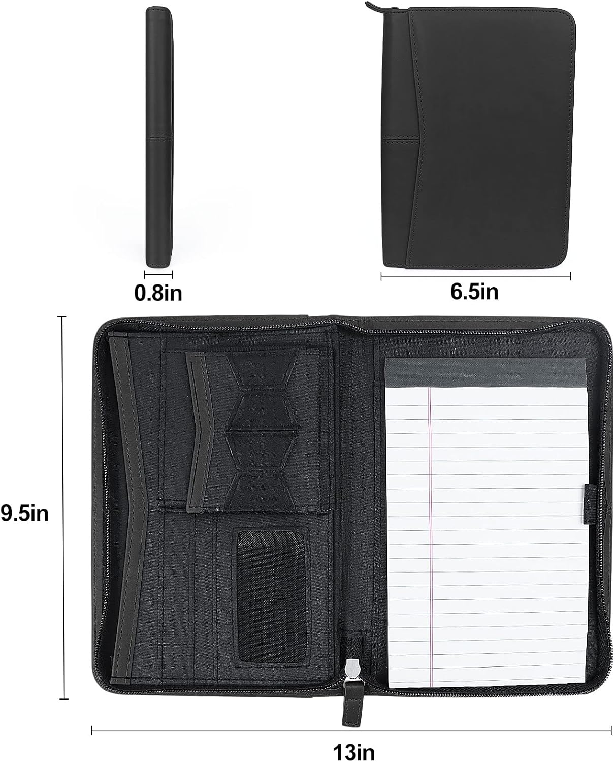 Mini Leather Zippered Padfolio Portfolio Binder 5 x 8 Legal Writing Pad, Professional Business Portfolio for Men & Women, Card Holder, Notepad Clipboard Holder (Black)
